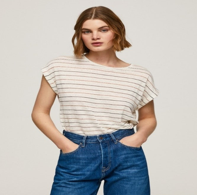 STRIPED PRINT LINEN T-SHIRT